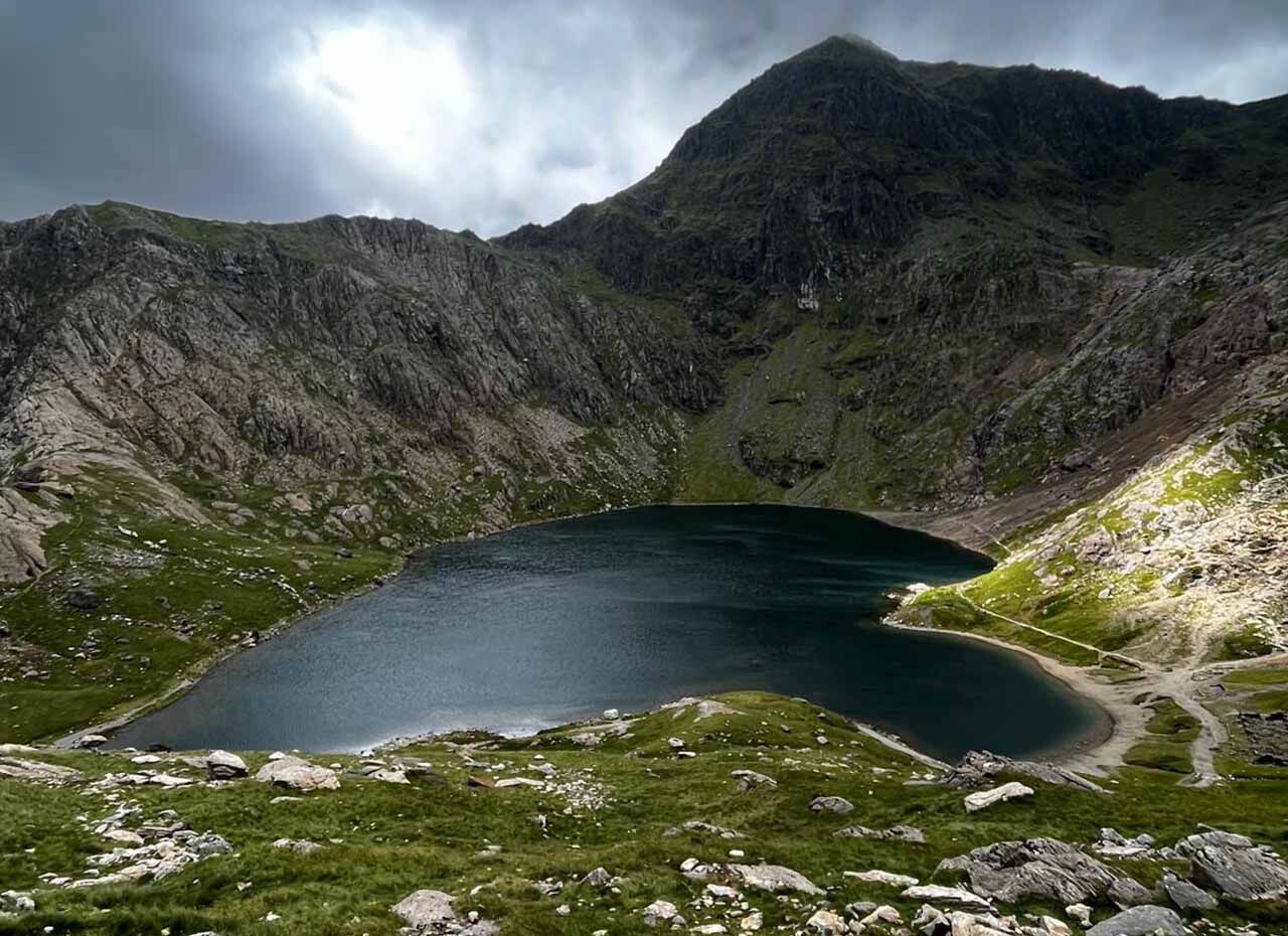 Heart-shaped lake during Llyn Glaslyn hike in Snowdon Wales