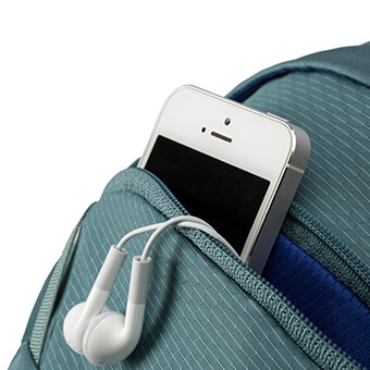 Front zippered pocket with soft-touch, padded liner to protect sunglasses and electronics