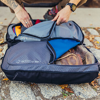 ACTIVESHIELD COMPARTMENT - THE ACTIVESHIELD COMPARTMENT KEEPS DIRTY OR WET CLOTHING SEPARATED FOR VAPOR, ODOR AND DIRT PROTECTION. THE FULLY CLEANABLE COMPARTMENT IS BUILT FROM RECYCLED AUTO GLASS AND USES AN EXCLUSIVE POLYGIENE ANTI-MICROBIAL TECHNOLOGY TO INHIBIT THE GROWTH OF ODOR CAUSING BACTERIA.
