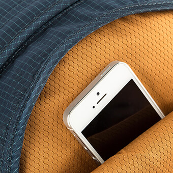 Soft touch zippered pocket for electronics or sunglasses