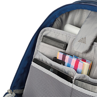 Zippered front compartment with padded laptop and tablet sleeves and office organisation