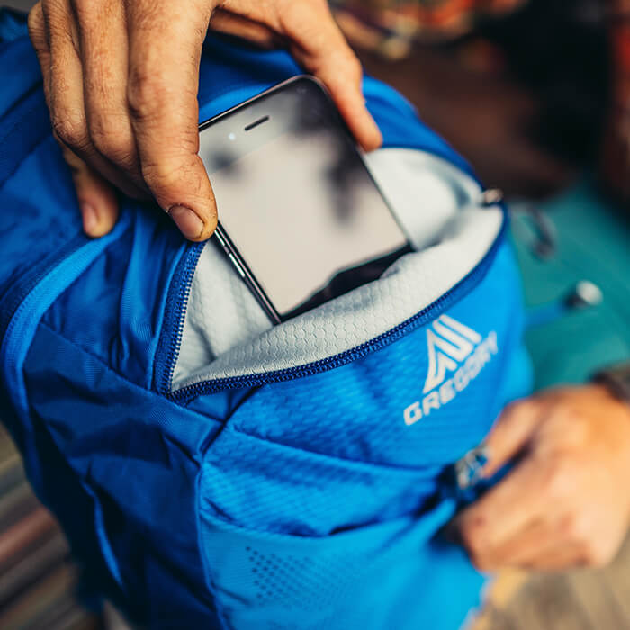Front zippered pocket with soft-touch, padded liner to protect sunglasses and electronics